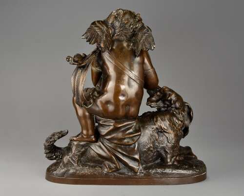 Charming late 19th century fine quality French bronze of a winged putto and spaniel dog
