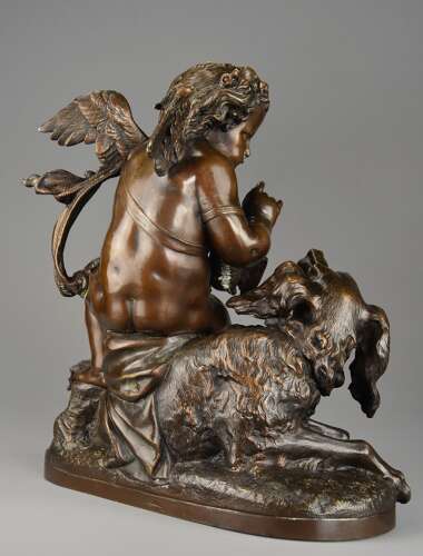 Charming late 19th century fine quality French bronze of a winged putto and spaniel dog