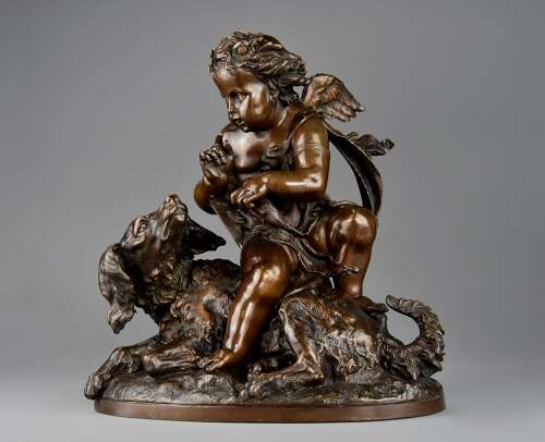 Charming late 19th century fine quality French bronze of a winged putto and spaniel dog