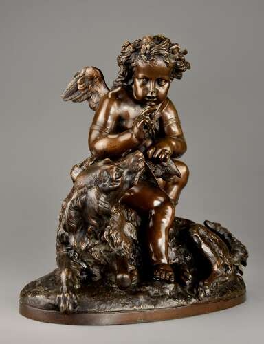 Charming late 19th century fine quality French bronze of a winged putto and spaniel dog