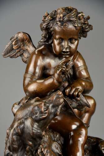 Charming late 19th century fine quality French bronze of a winged putto and spaniel dog