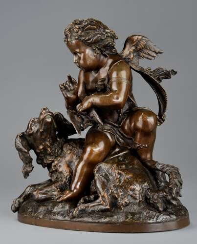 Charming late 19th century fine quality French bronze of a winged putto and spaniel dog
