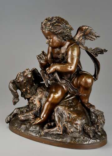 Charming late 19th century fine quality French bronze of a winged putto and spaniel dog