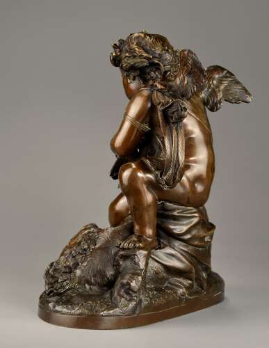 Charming late 19th century fine quality French bronze of a winged putto and spaniel dog
