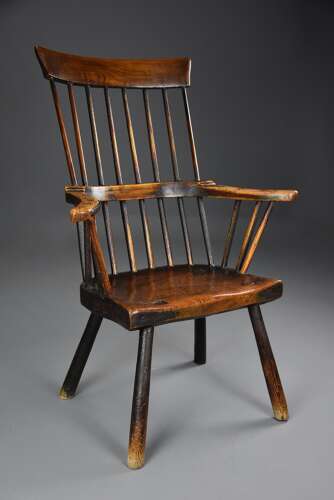 Mid 18th century primitive ash and elm comb back armchair with exceptional original patina