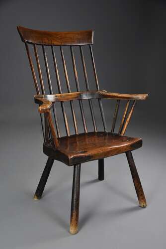 Mid 18th century primitive ash and elm comb back armchair with exceptional original patina