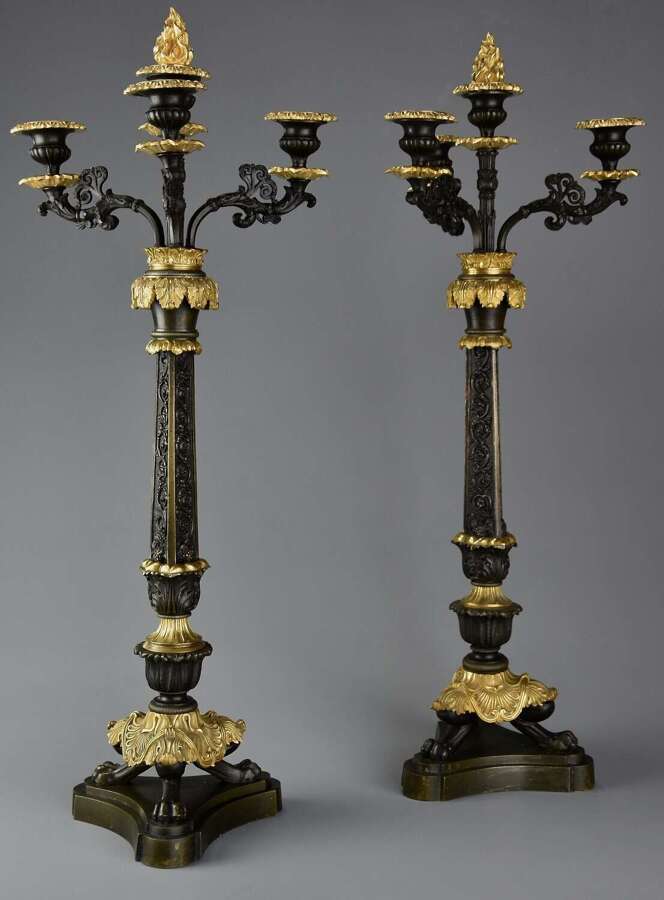Pair of superb 19thc French R&eacute;gence style bronze and gilt bronze three branch candelabra
