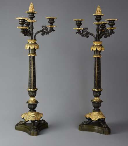 Pair of superb 19thc French Régence style bronze and gilt bronze three branch candelabra