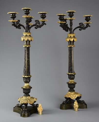 Pair of superb 19thc French Régence style bronze and gilt bronze three branch candelabra