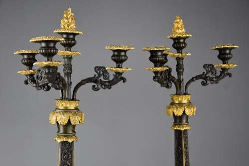 Pair of superb 19thc French Régence style bronze and gilt bronze three branch candelabra