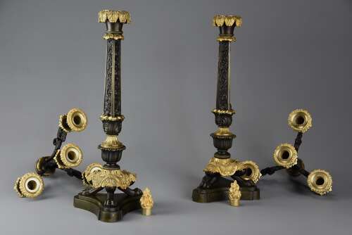 Pair of superb 19thc French Régence style bronze and gilt bronze three branch candelabra