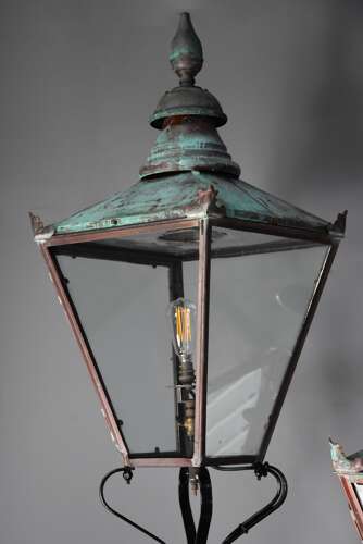 Large pair of Windsor style copper street lanterns supported on wall brackets