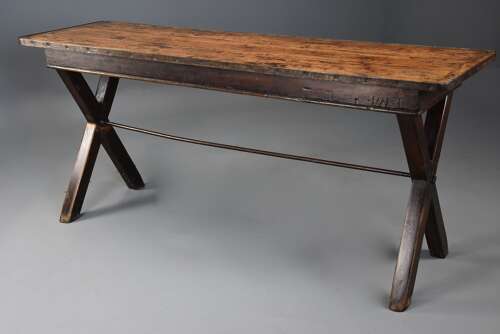 Early 19th century sycamore trestle ended tavern table of fine patina