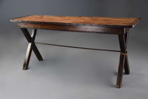 Early 19th century sycamore trestle ended tavern table of fine patina