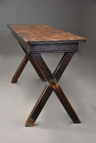 Early 19th century sycamore trestle ended tavern table of fine patina