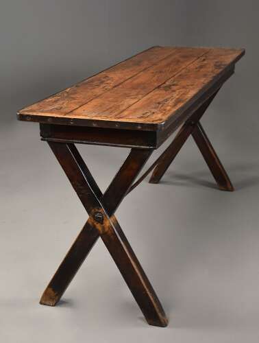Early 19th century sycamore trestle ended tavern table of fine patina