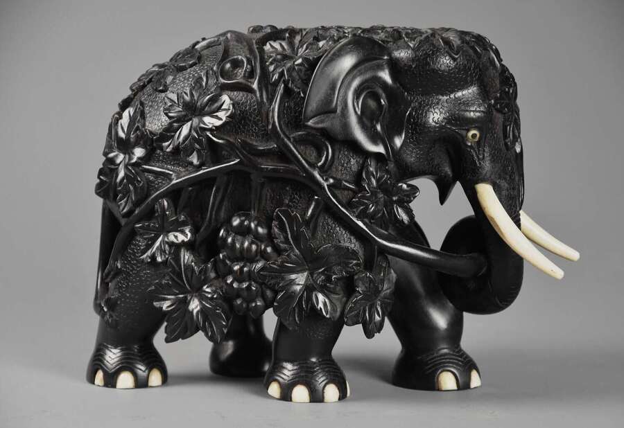 Rare 19thc finely carved Ceylonese ebony elephant from the Galle district