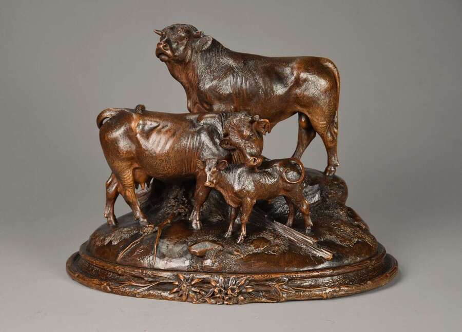 Finely carved late 19thc Black Forest linden wood cattle group, stamped &lsquo;J HUGGLER