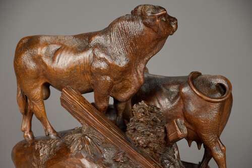Finely carved late 19thc Black Forest linden wood cattle group, stamped ‘J HUGGLER