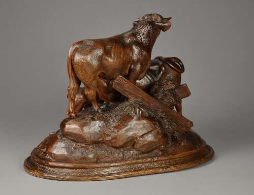 Finely carved late 19thc Black Forest linden wood cattle group, stamped ‘J HUGGLER