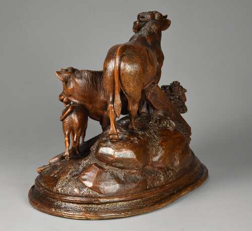 Finely carved late 19thc Black Forest linden wood cattle group, stamped ‘J HUGGLER