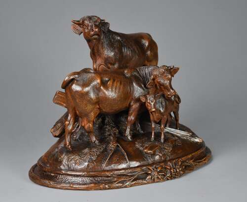 Finely carved late 19thc Black Forest linden wood cattle group, stamped ‘J HUGGLER