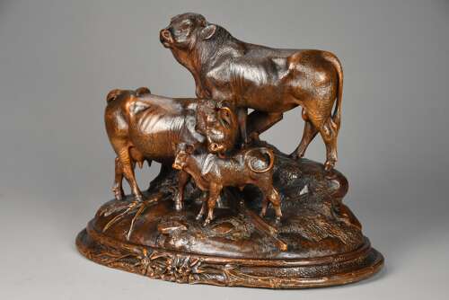 Finely carved late 19thc Black Forest linden wood cattle group, stamped ‘J HUGGLER