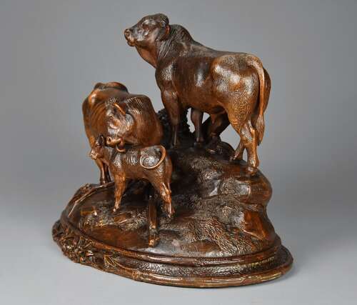 Finely carved late 19thc Black Forest linden wood cattle group, stamped ‘J HUGGLER