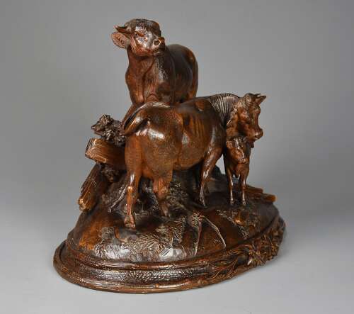 Finely carved late 19thc Black Forest linden wood cattle group, stamped ‘J HUGGLER
