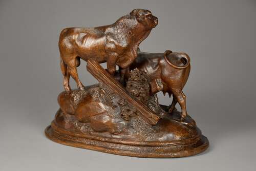 Finely carved late 19thc Black Forest linden wood cattle group, stamped ‘J HUGGLER