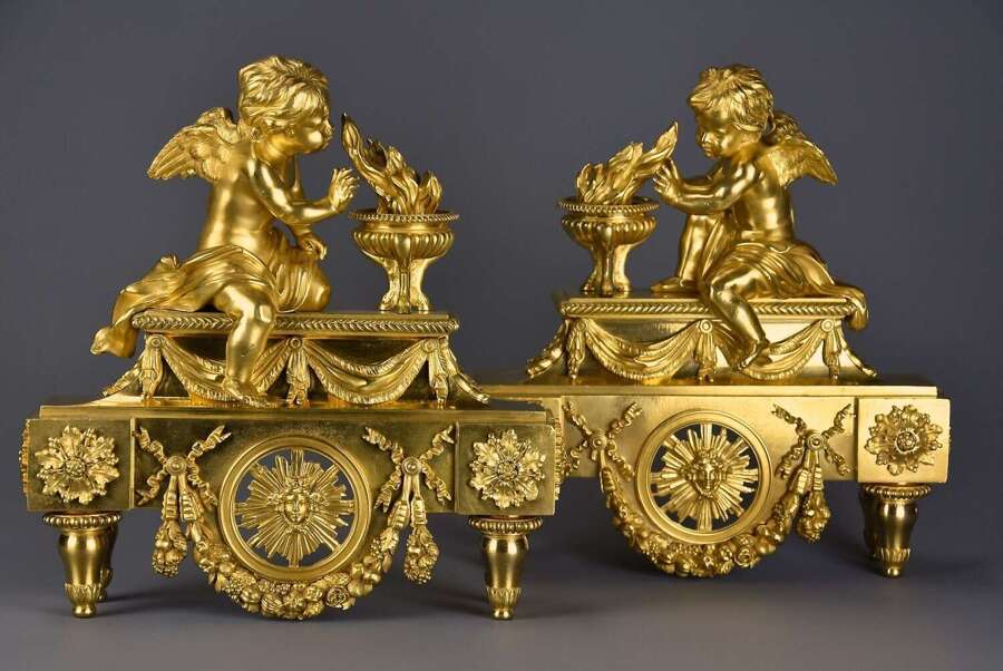 Pair of fine quality late 19th century Louis XIV style ormolu figural chenets or fire dogs