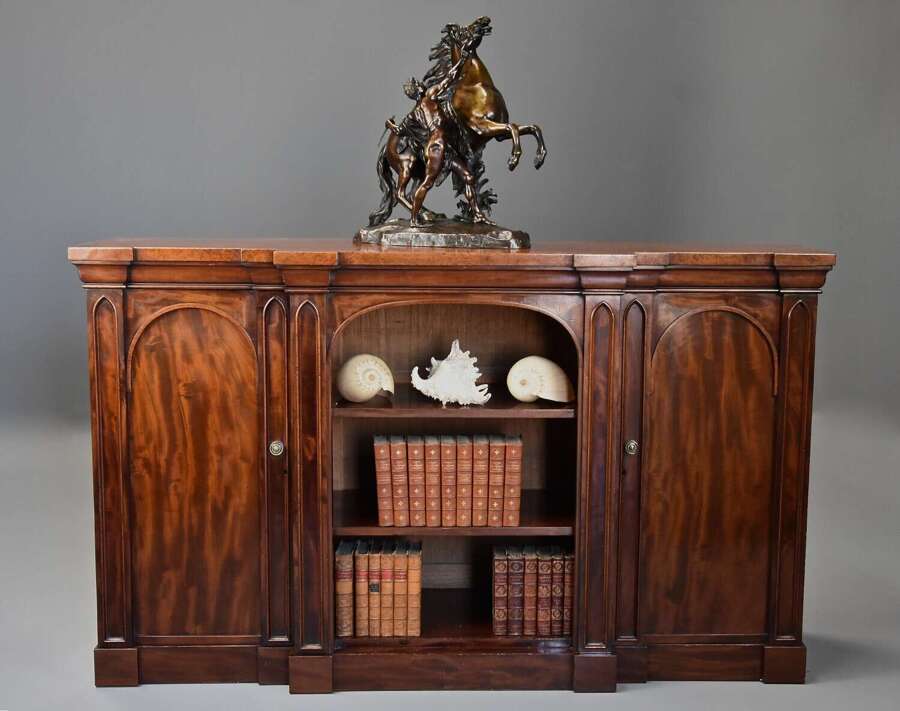 Mid 19th century mahogany breakfront bookcase with Gothic influence