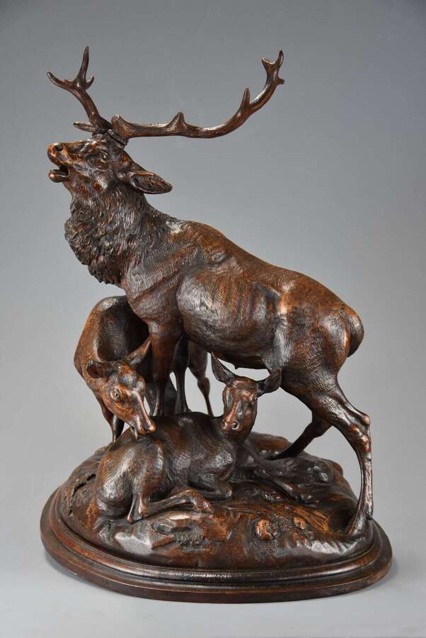 Late 19thc finely carved Black Forest linden wood deer group, in the manner of J. Huggler